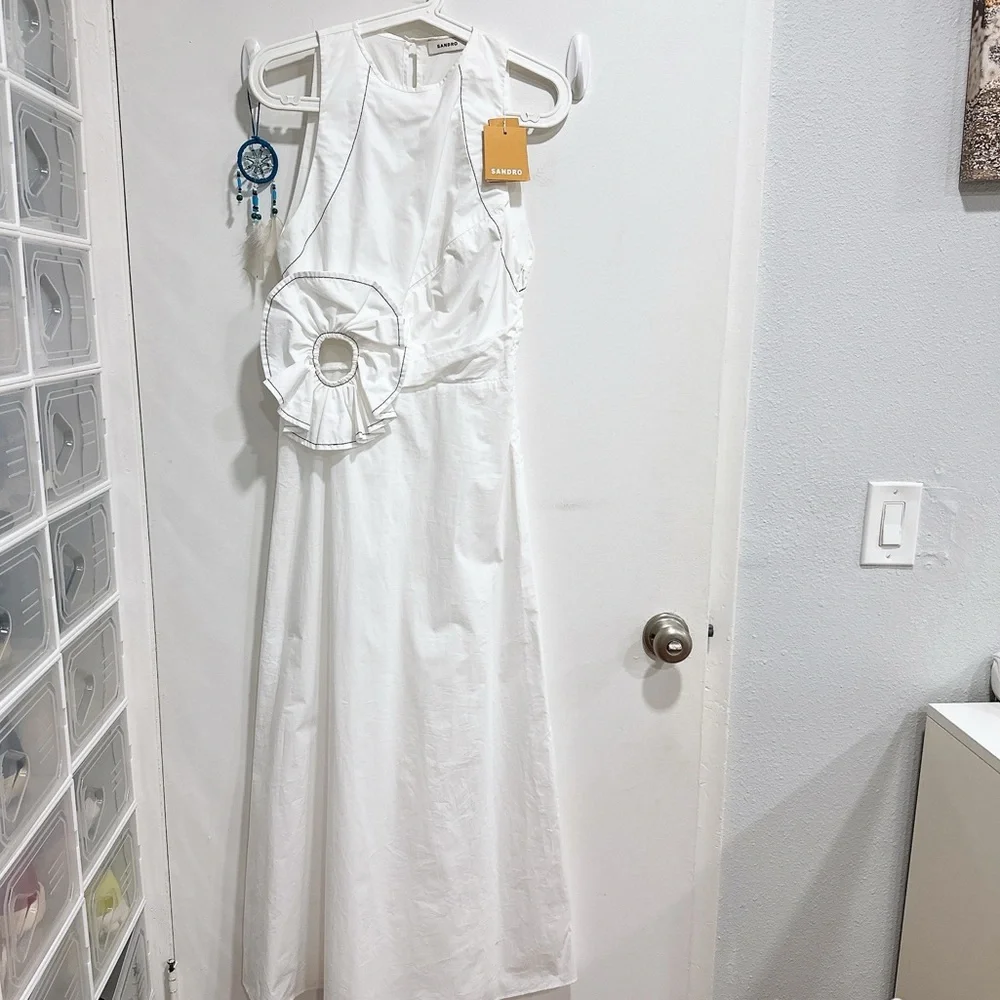 Sandro NWT White Midi Dress with Floral Detail - Picture 3 of 7